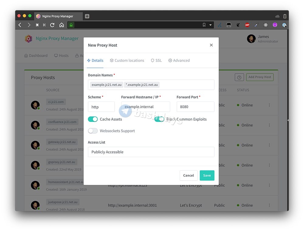 Интерфейс создания proxy host в Nginx Proxy Manager