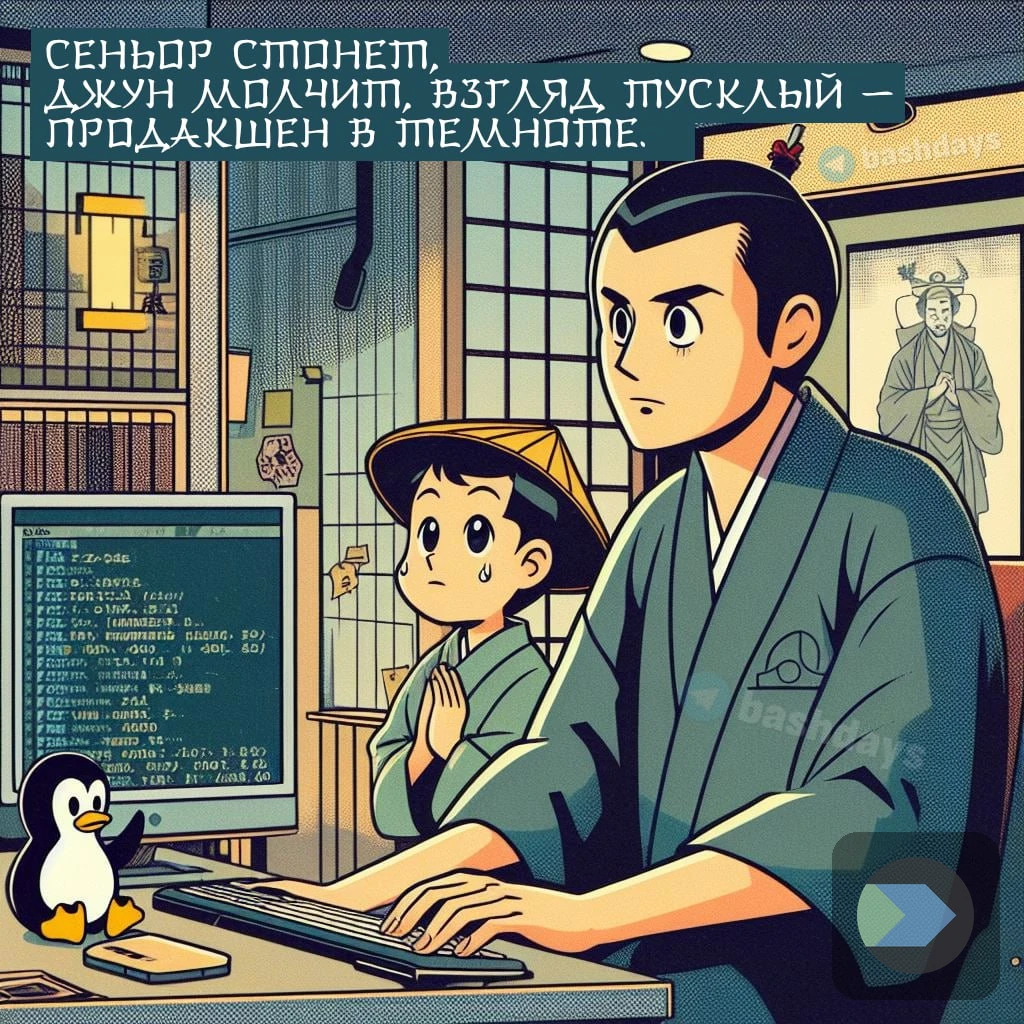 Авторская иллюстрация программиста-самурая за компьютером.