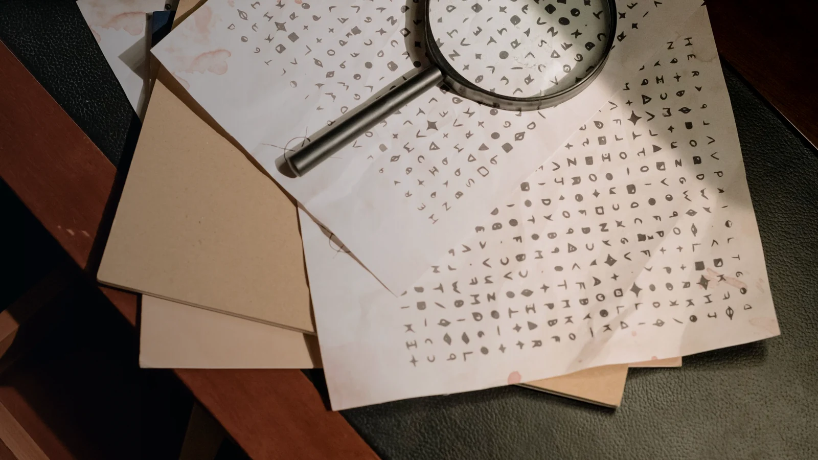 Лупа над криптическими символами как образ скрытых данных Unicode