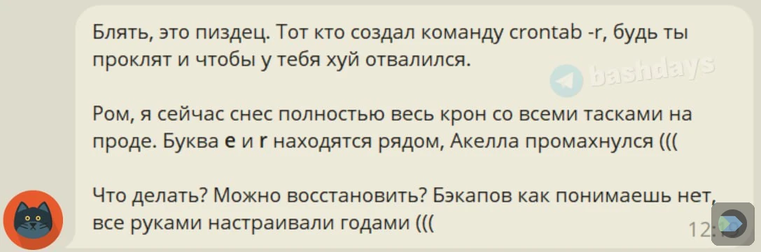 Переписка об ошибочном удалении crontab.
